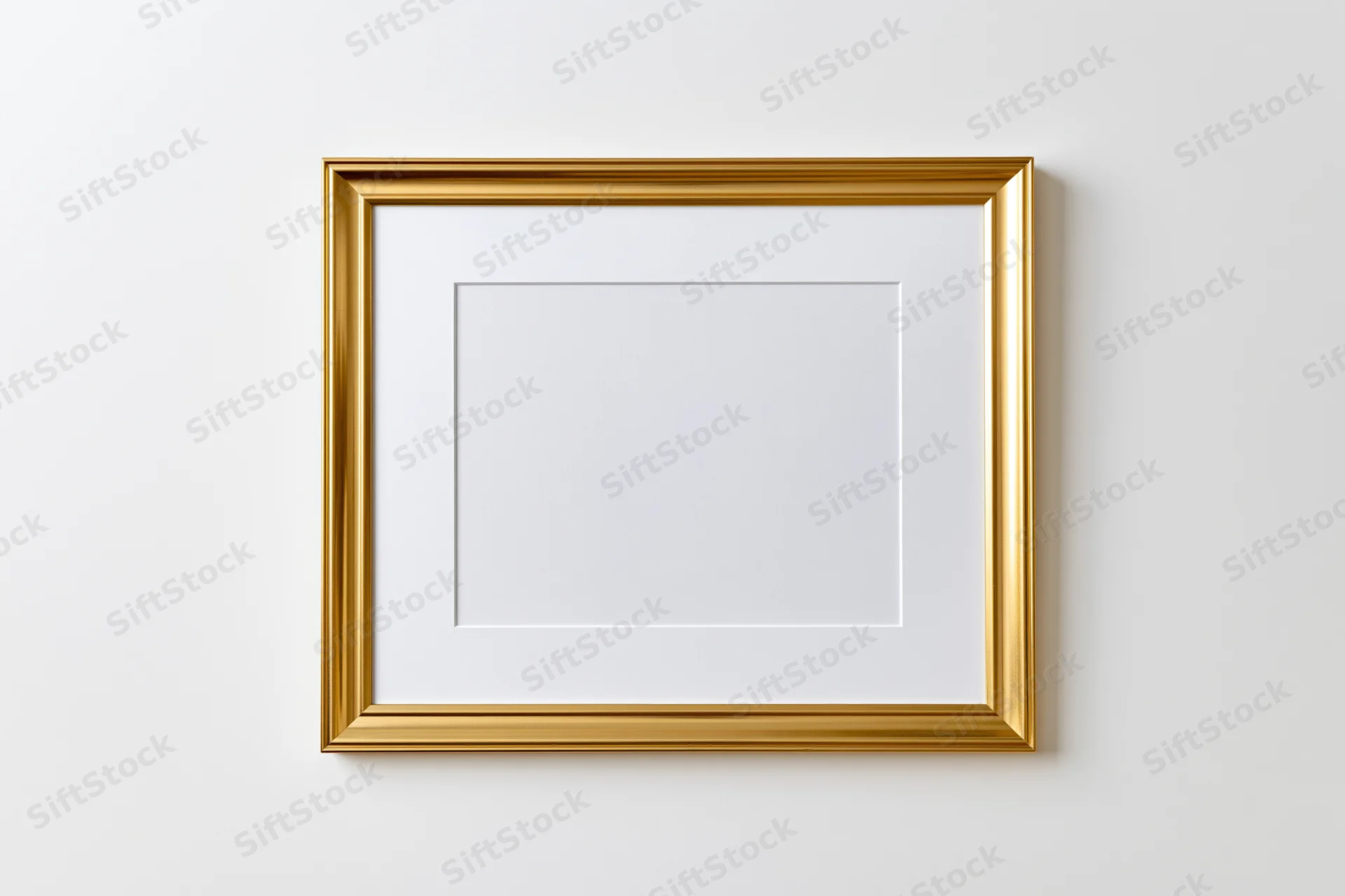 Gold picture frame with white mat hanging on white wall