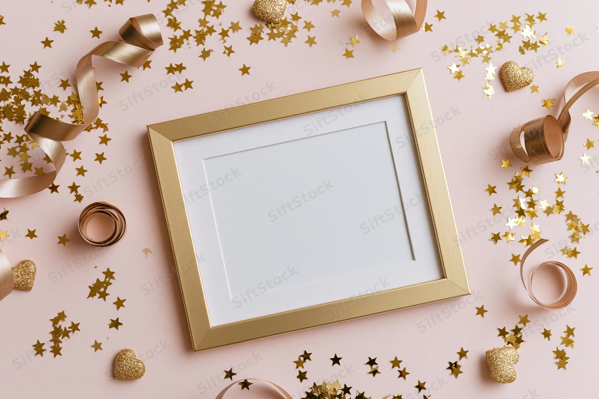 Gold frame with blank white interior on pink surface surrounded by gold confetti and ribbons