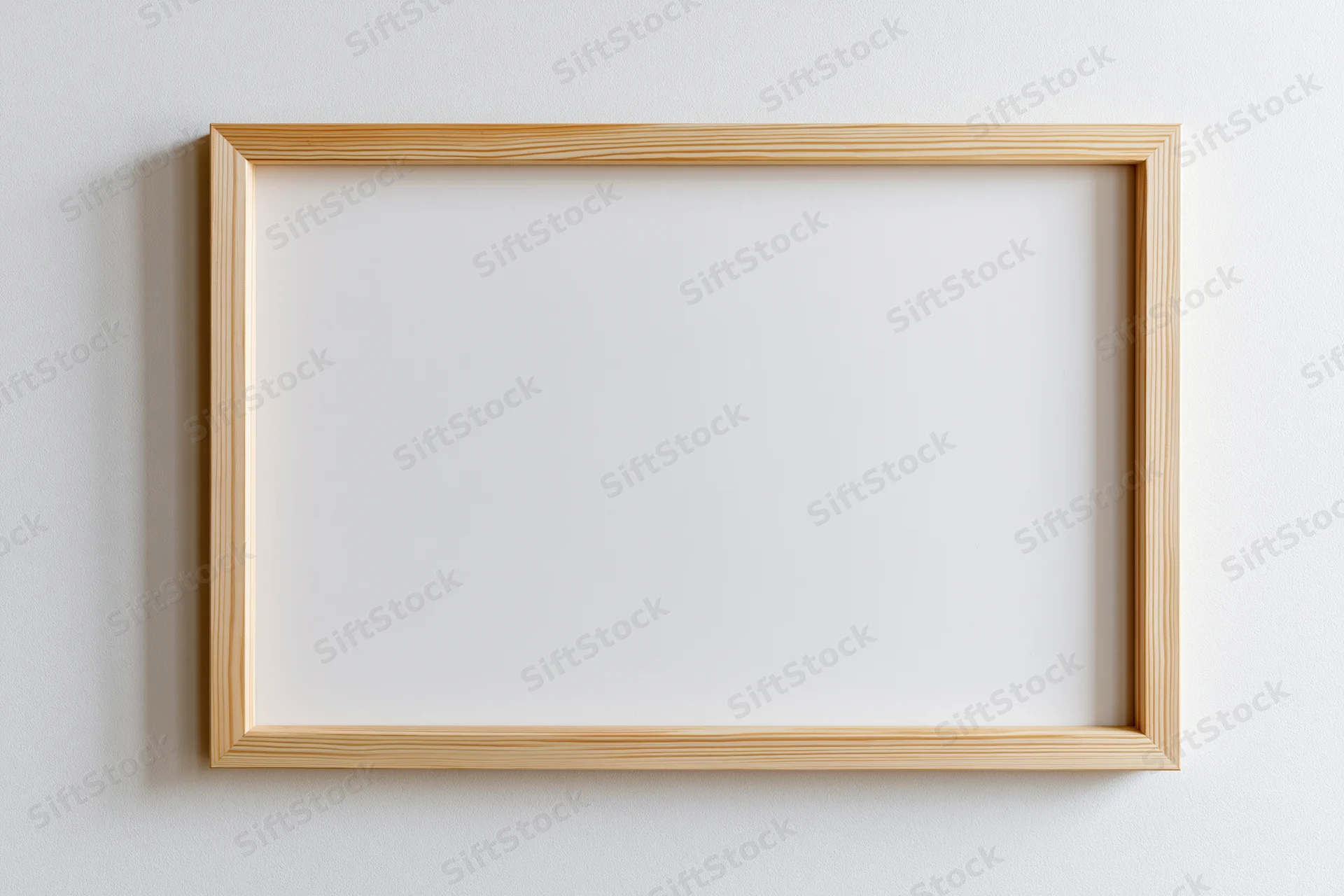 Light wooden rectangular frame hanging on a white wall with blank interior