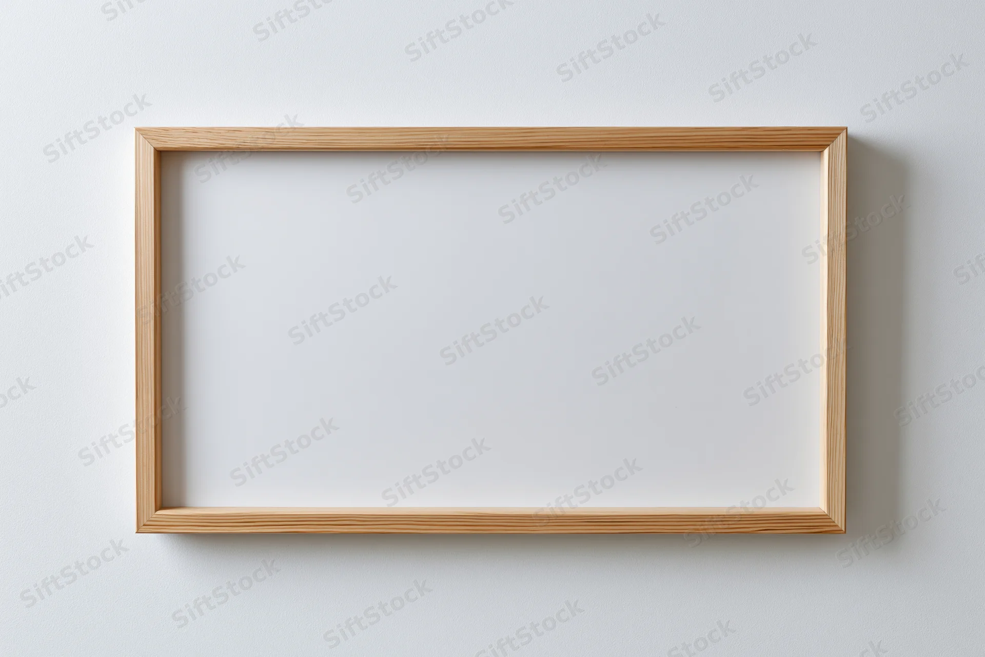 Light natural wood rectangular picture frame hanging on white wall with blank interior