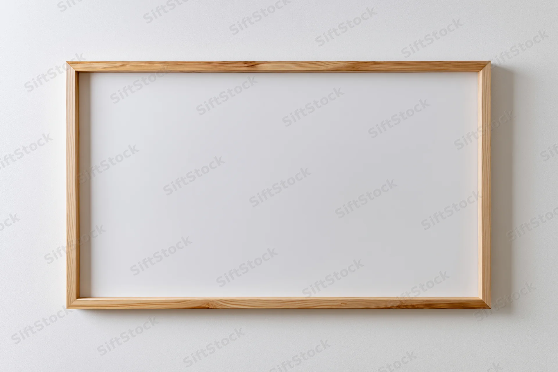 Light natural wood rectangular picture frame hanging on white wall with blank interior