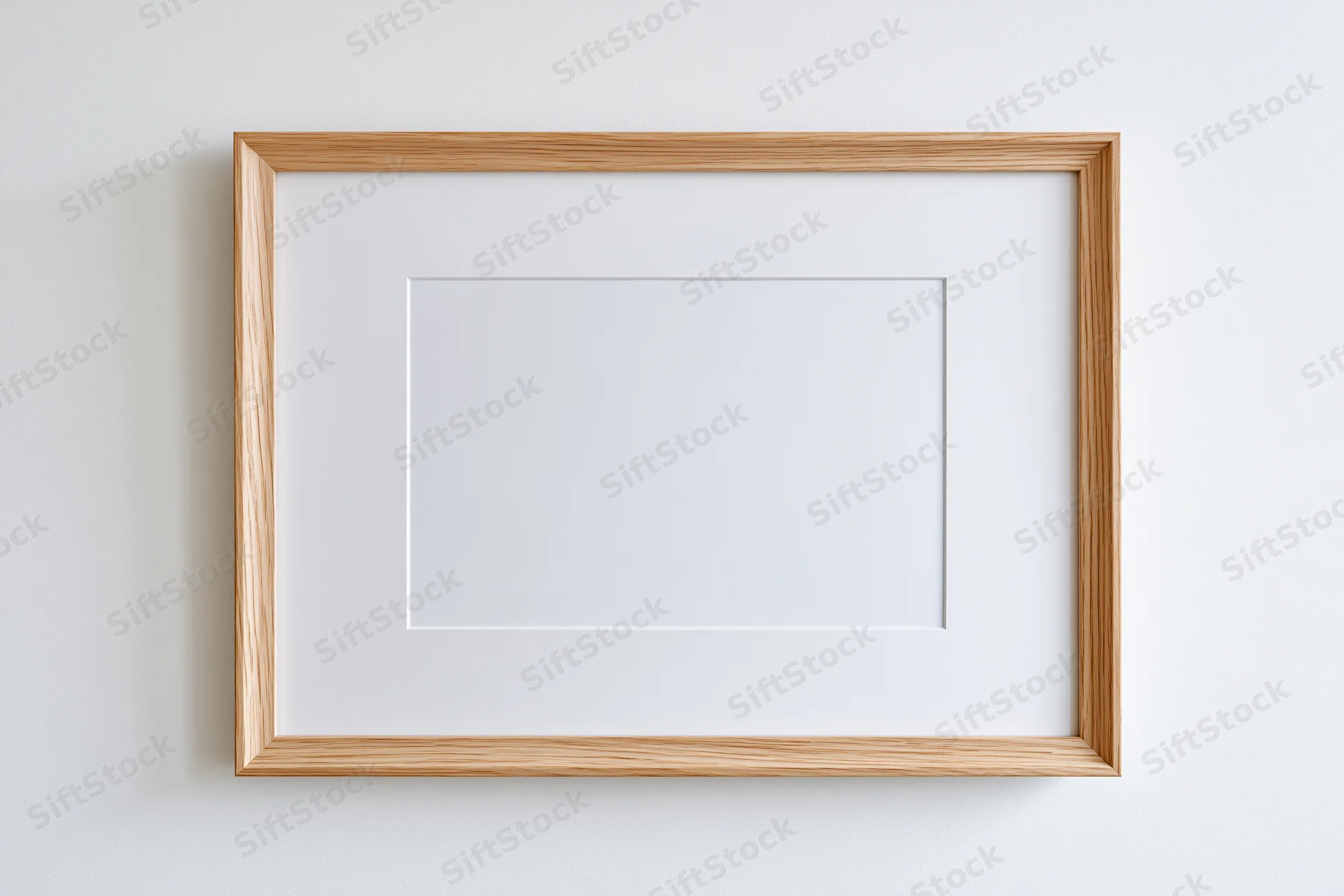 Light oak wooden picture frame with white mat board hanging on a white wall