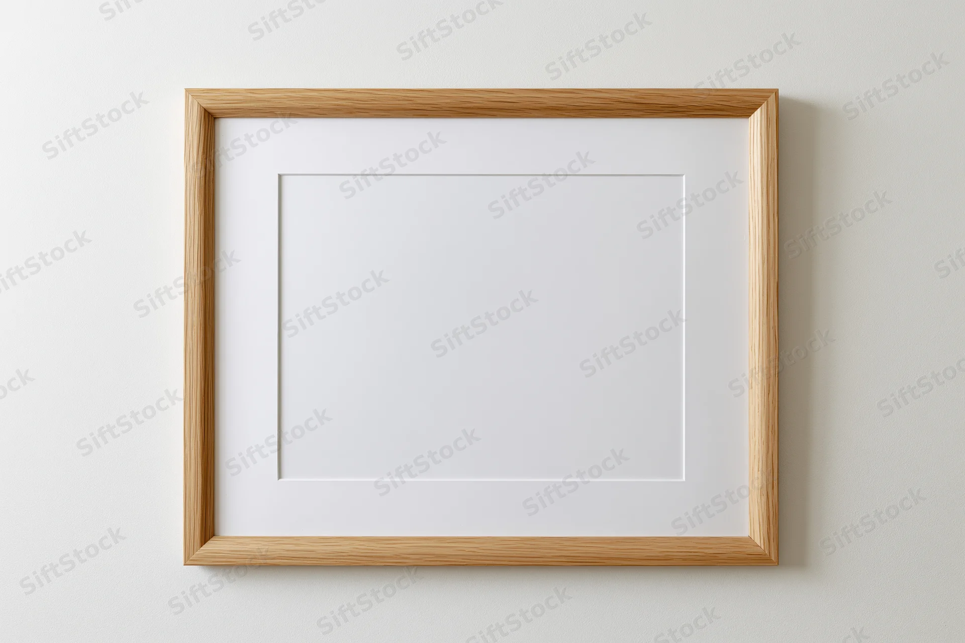 Light oak wooden frame with white mat hanging on a plain wall