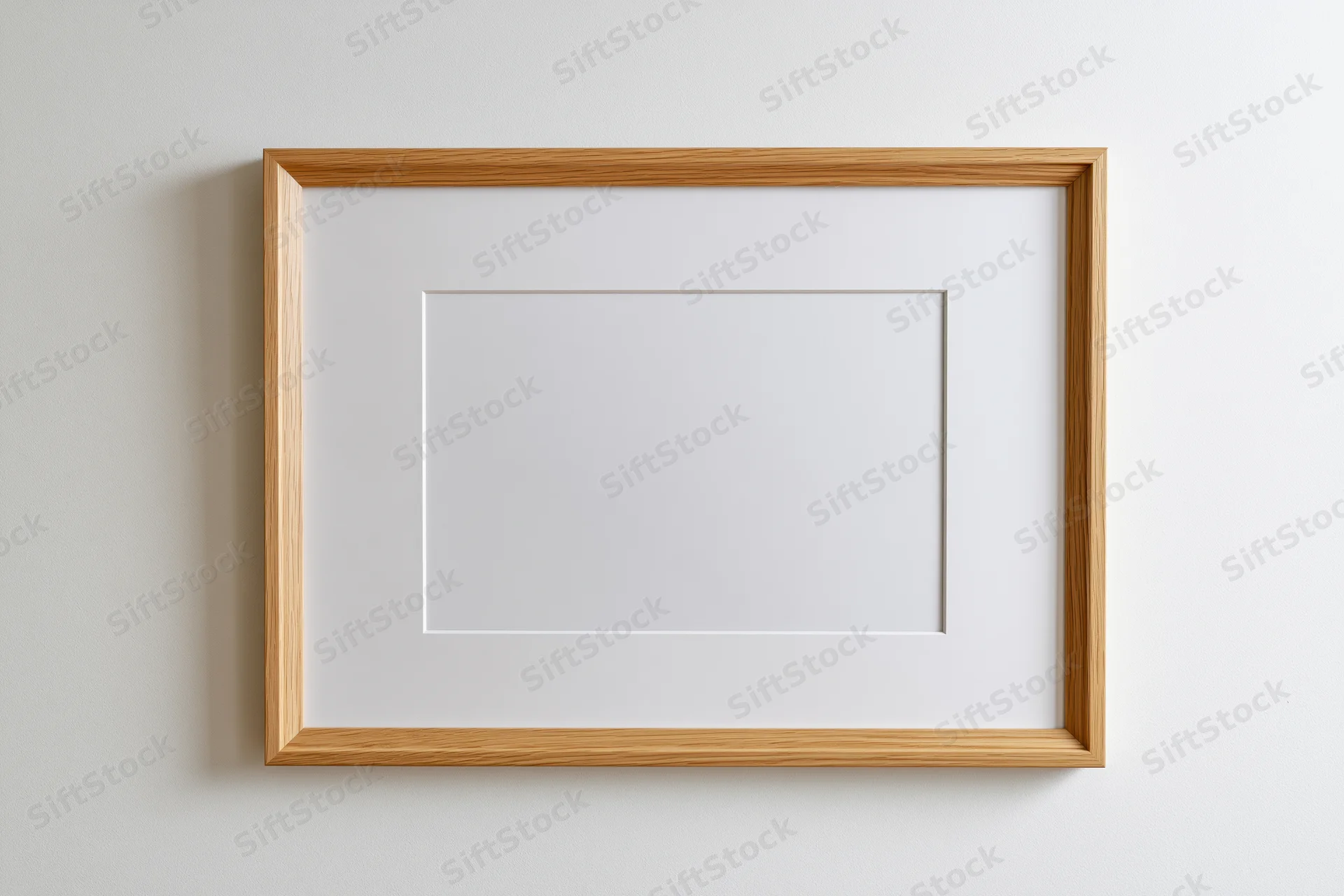 Light oak wooden picture frame with white mat hanging on a plain wall