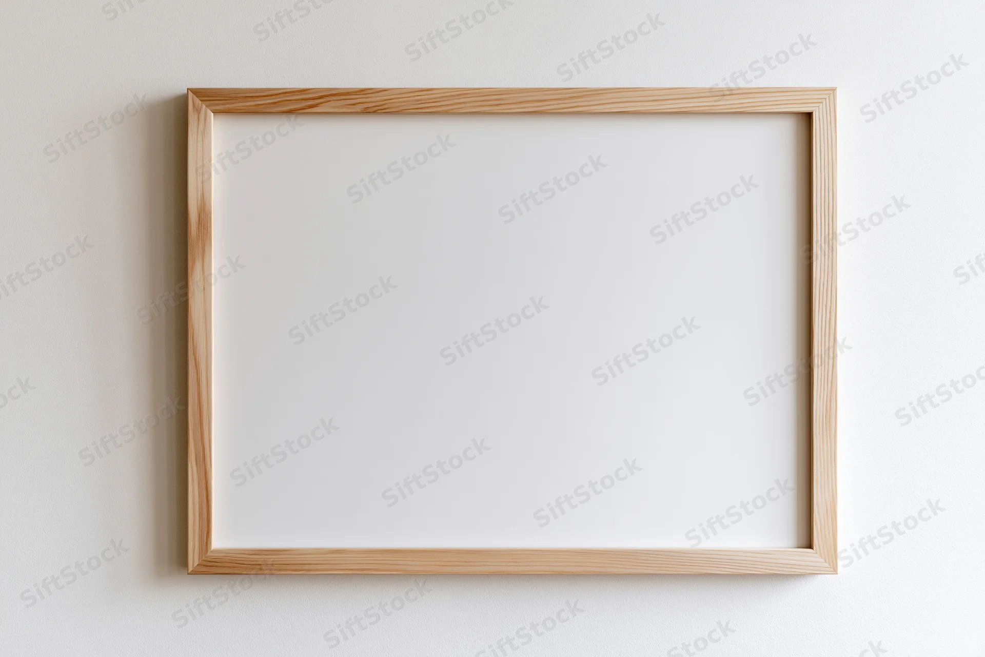 Thin light wood picture frame with blank white interior mount hanging on a white wall
