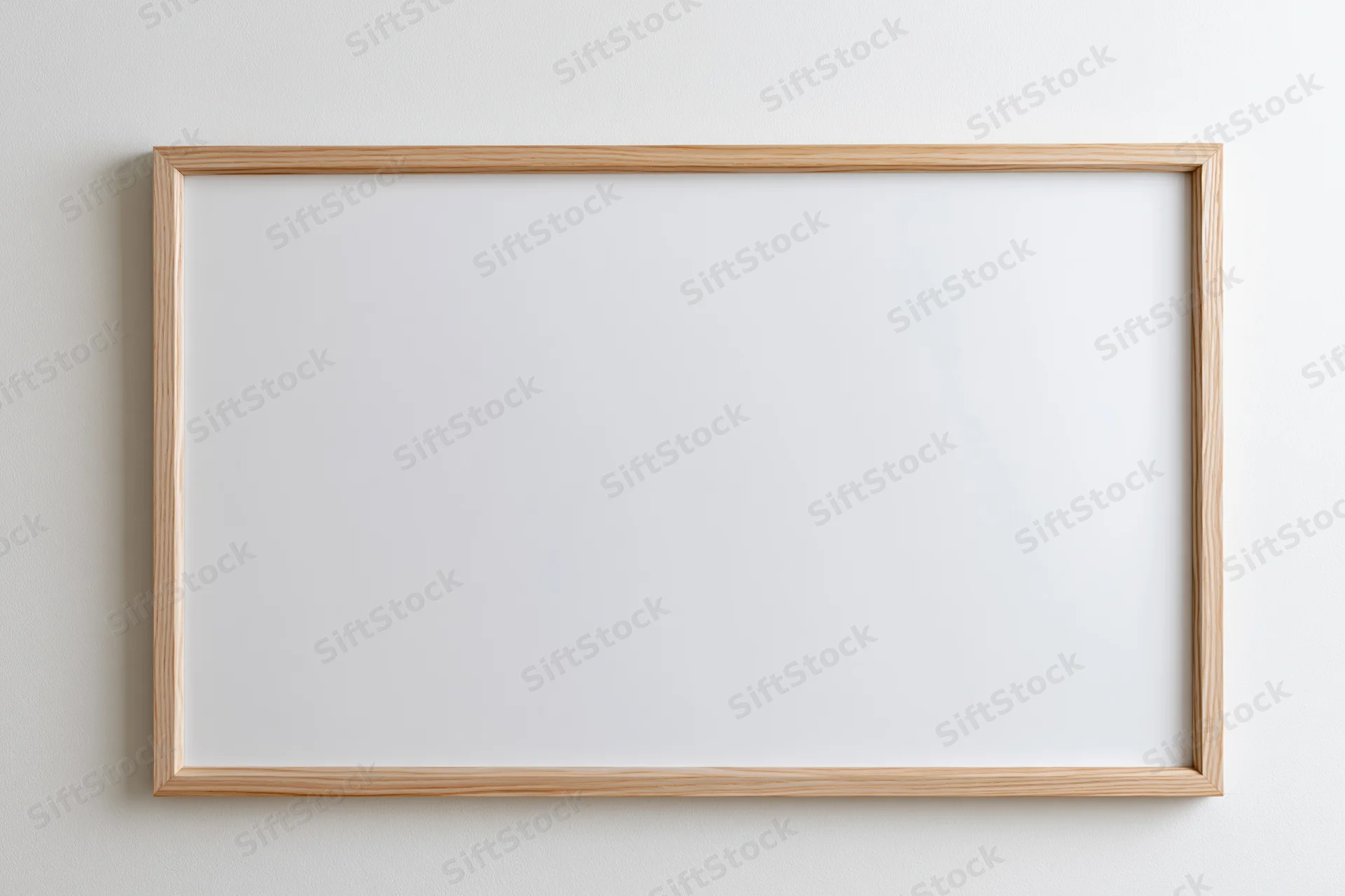 Light wood picture frame with blank white interior mount hanging on a white wall