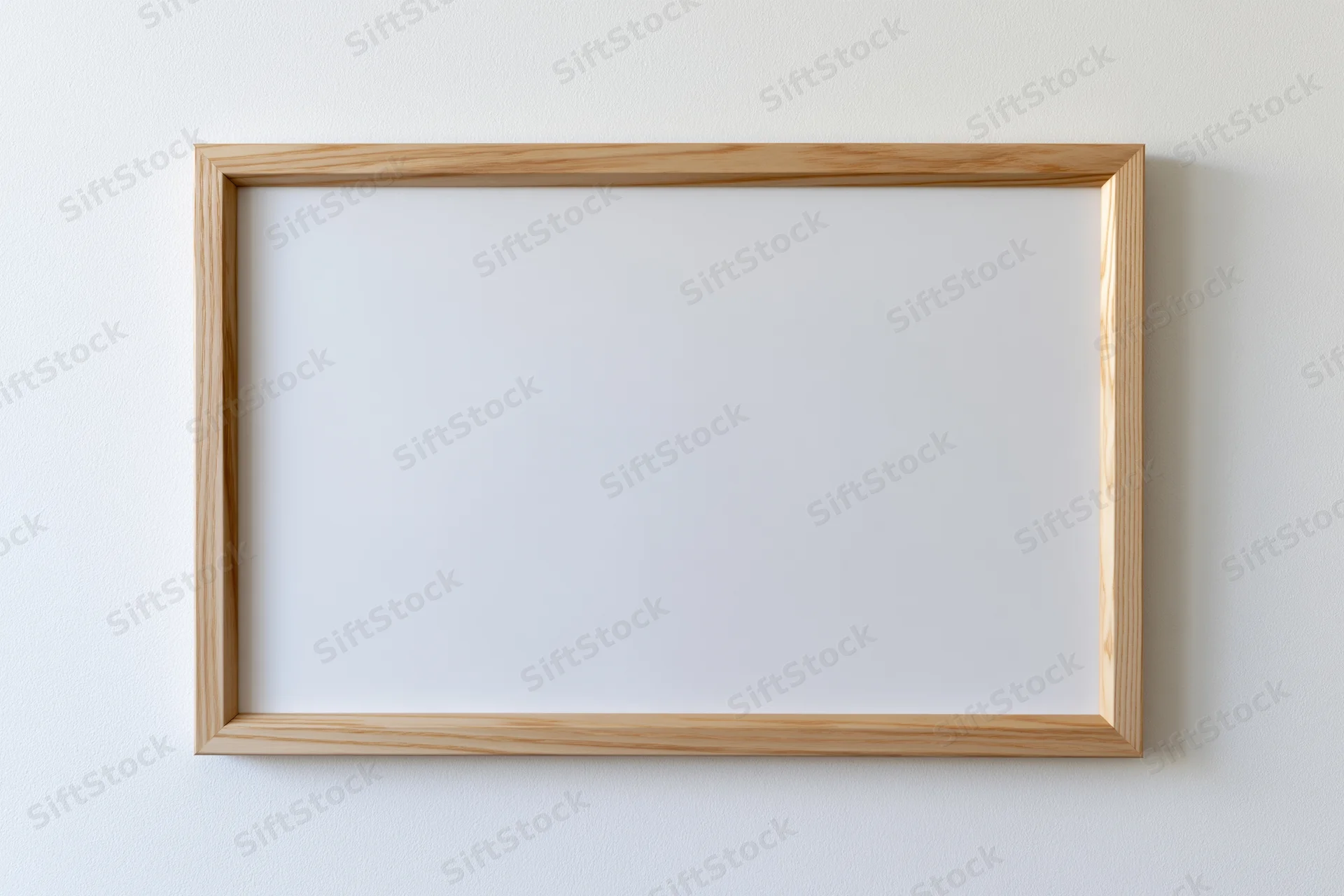 Light wood picture frame with blank white interior mount hanging on a white wall