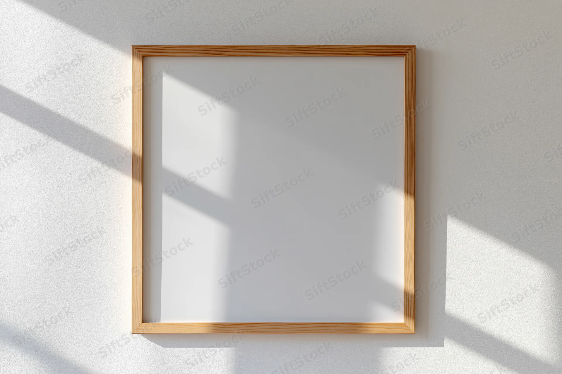 Light wood picture frame with blank white interior mounted on a white wall with sunlight casting shadows
