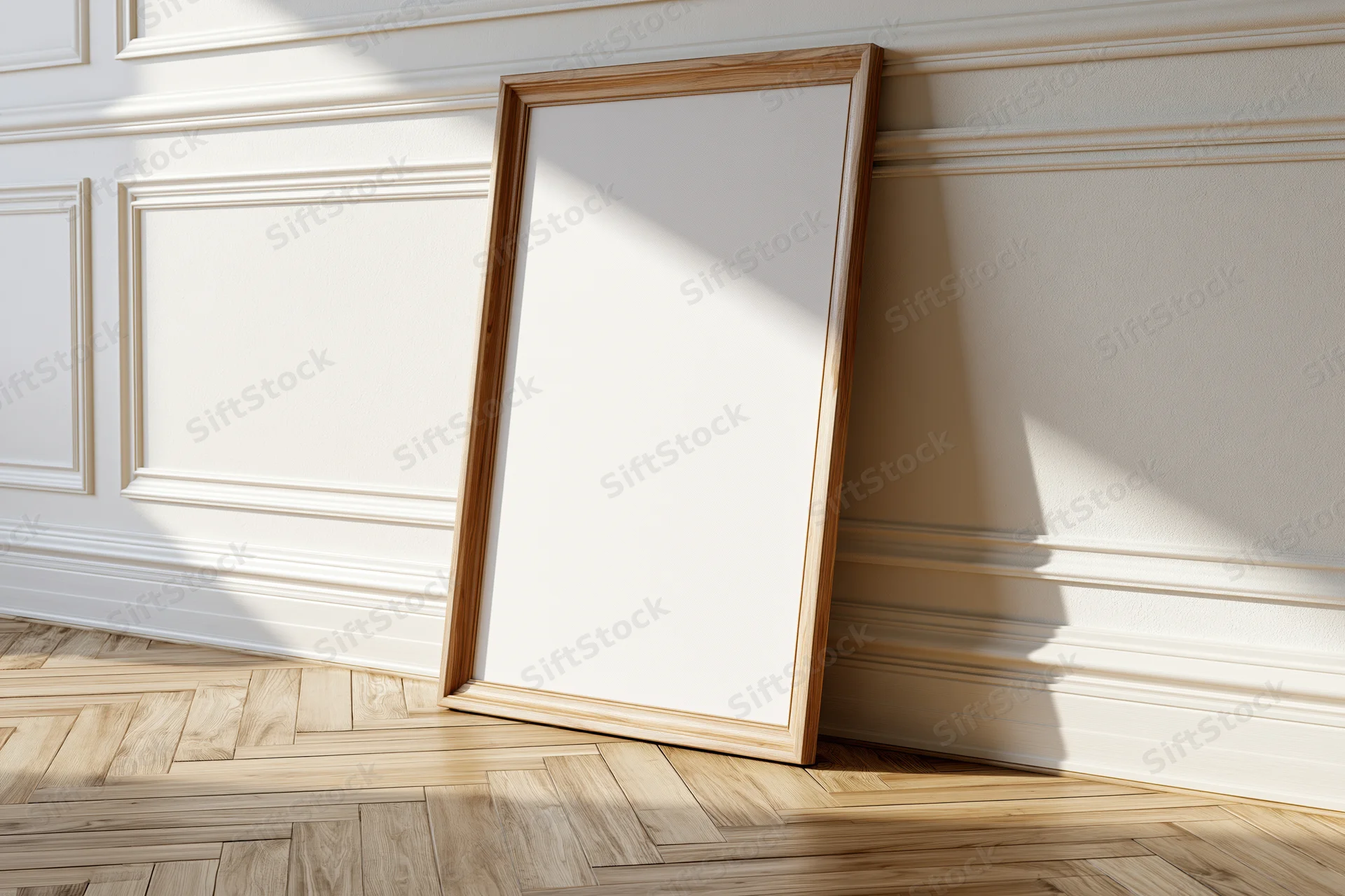 Wooden picture frame leaning against white paneled wall in sunlit room with parquet flooring