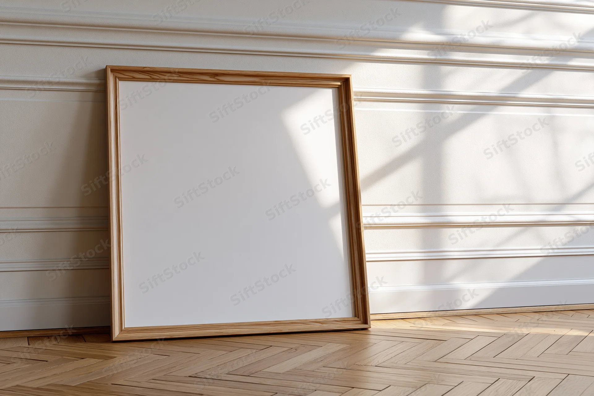 Wooden picture frame leaning against a white paneled wall in a sunlit room with parquet flooring