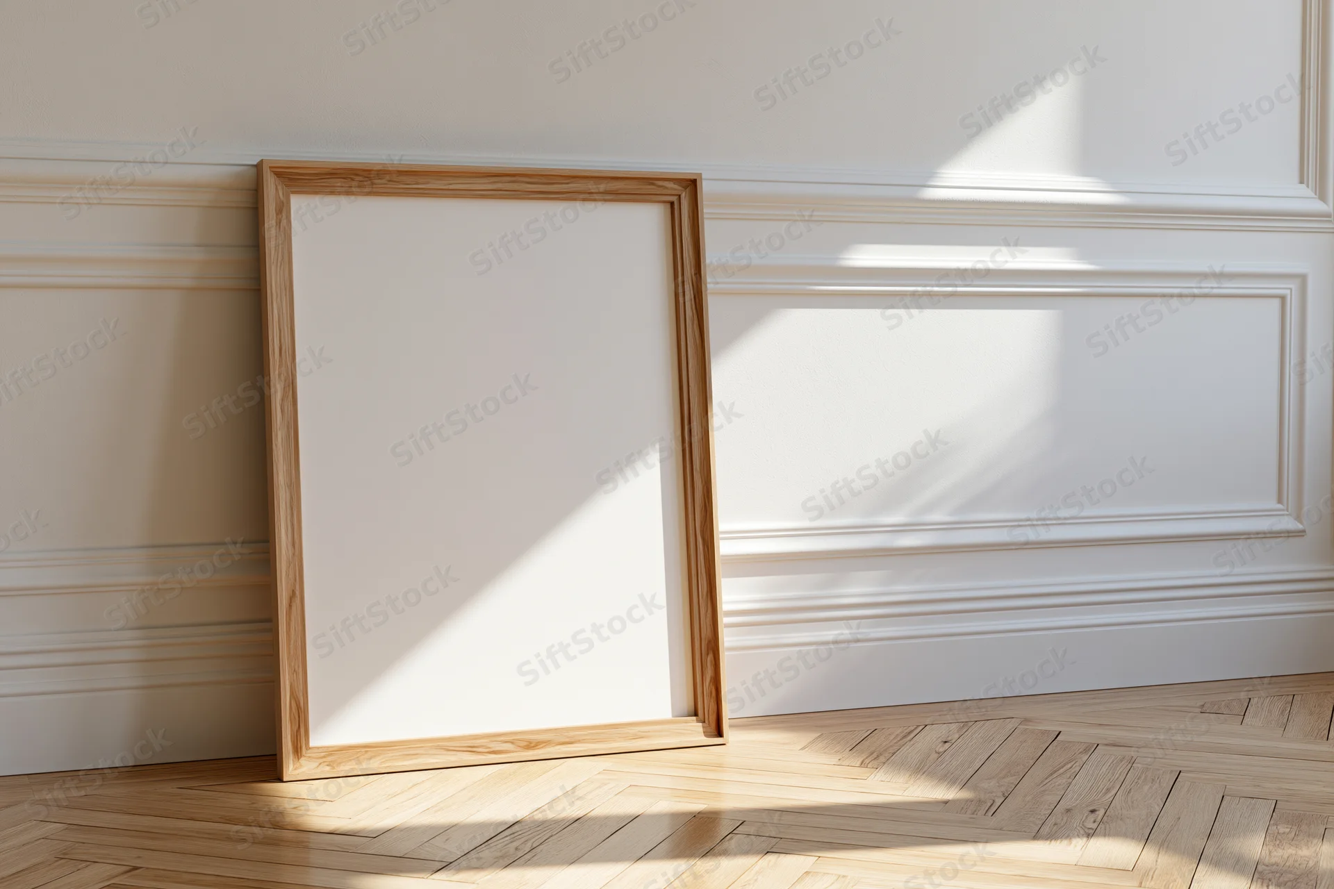 Wooden picture frame leaning against white paneled wall in sunlit room
