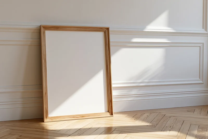 Wooden picture frame leaning against white paneled wall in sunlit room