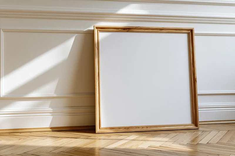 Wooden picture frame leaning against white paneled wall in sunlit room