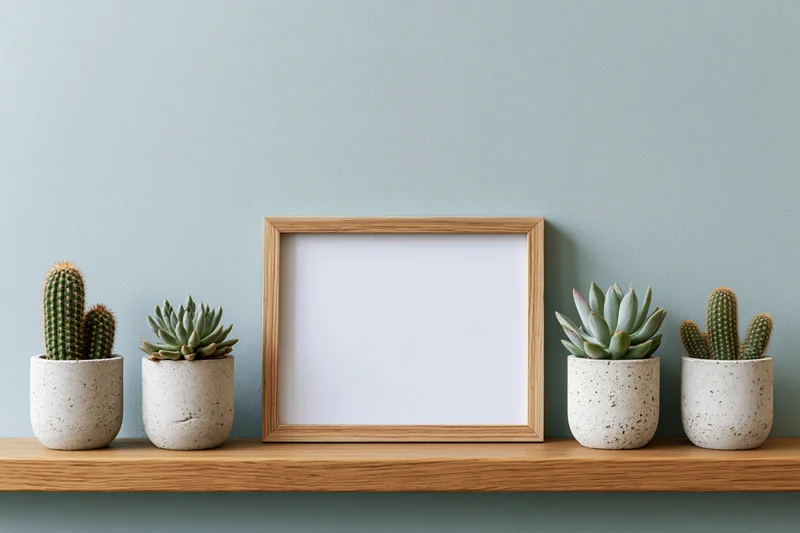 Wooden frame with blank white interior on shelf flanked by potted cacti and succulents against blue wall