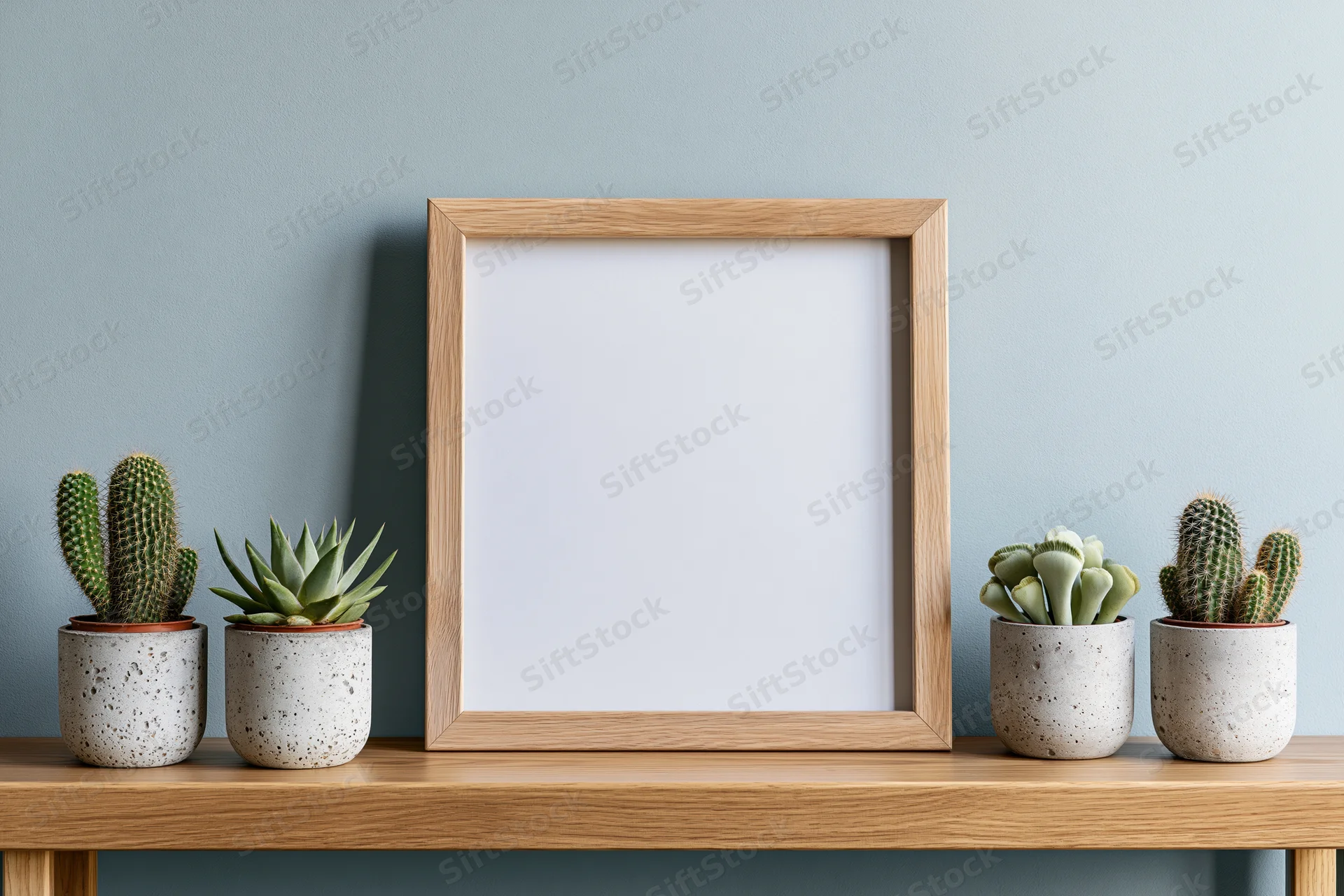 Wooden picture frame with blank white interior on a shelf flanked by potted cacti and succulents against a blue wall