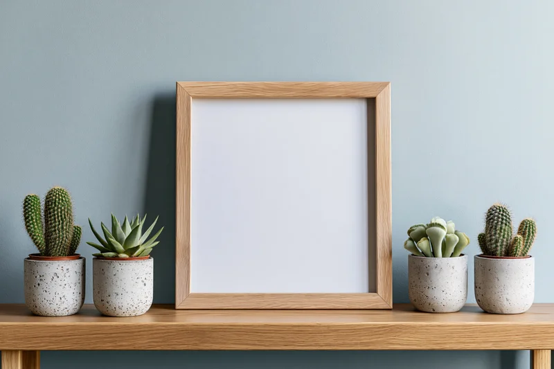 Wooden picture frame with blank white interior on a shelf flanked by potted cacti and succulents against a blue wall