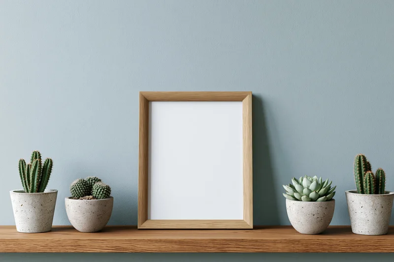 Wooden frame with blank white interior on shelf flanked by potted cacti and succulents against blue wall