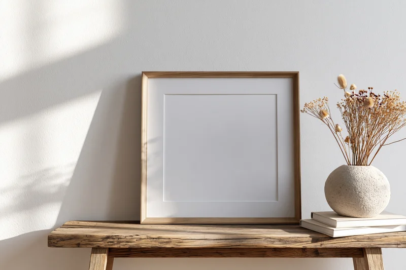 Wooden frame leaning against white wall on rustic table with dried flowers in ceramic vase and stacked books