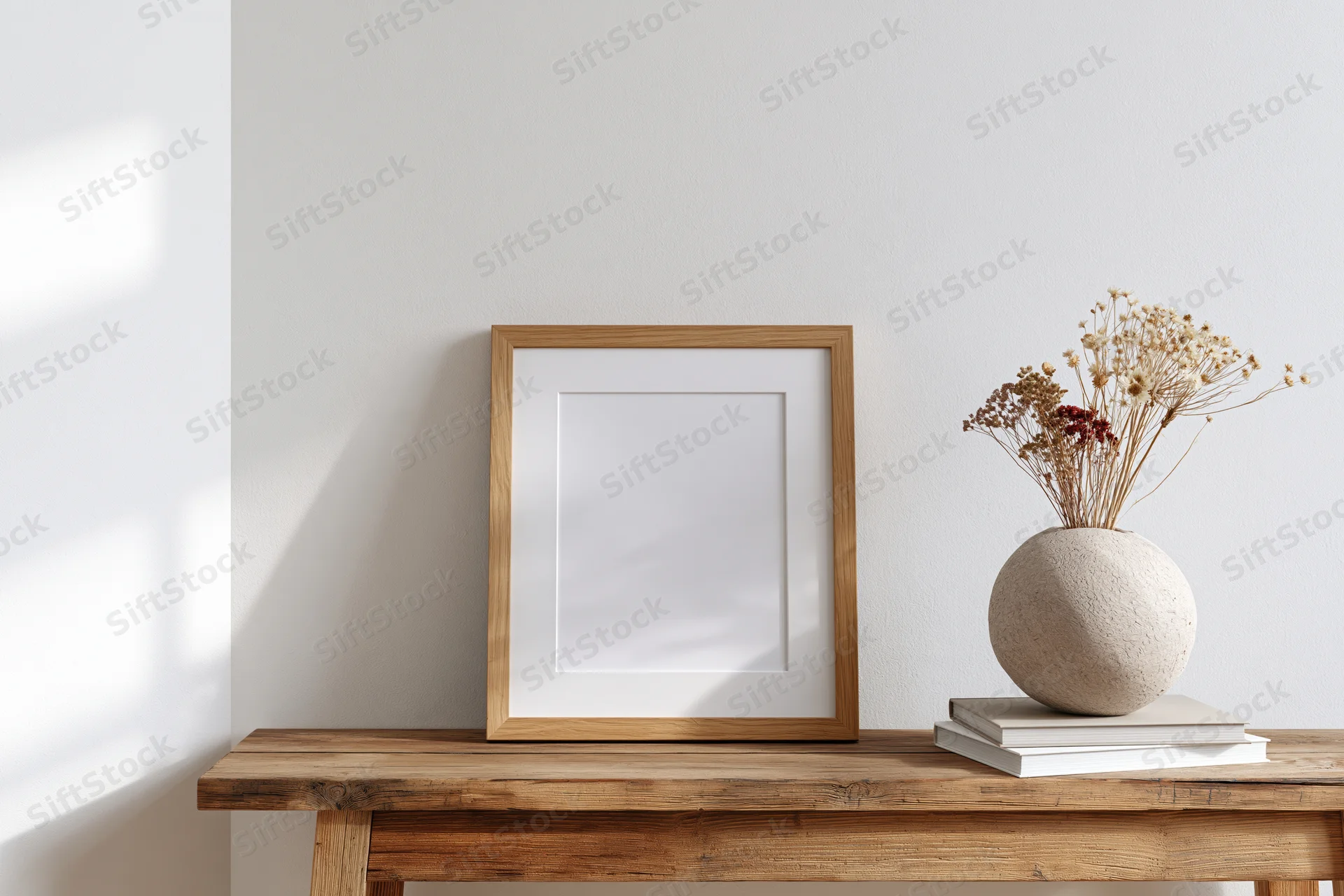 Wooden frame leaning against white wall on console table with dried flowers in ceramic vase and stacked books
