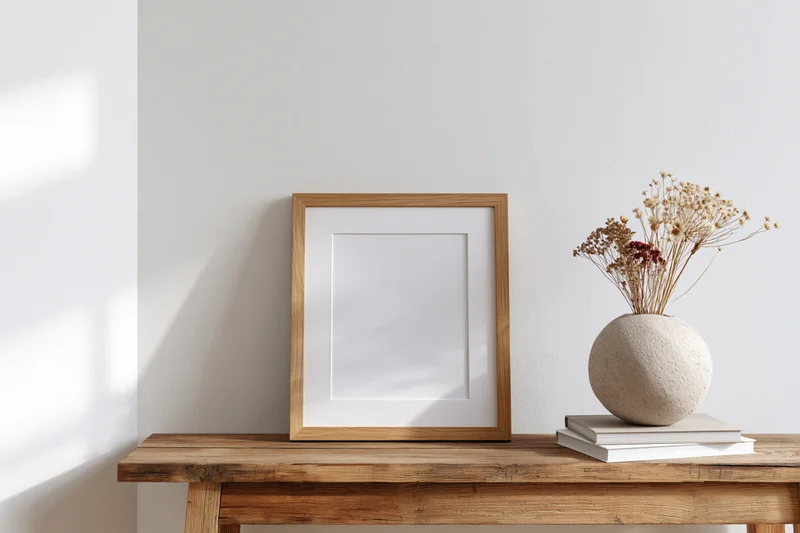 Wooden frame leaning against white wall on console table with dried flowers in ceramic vase and stacked books