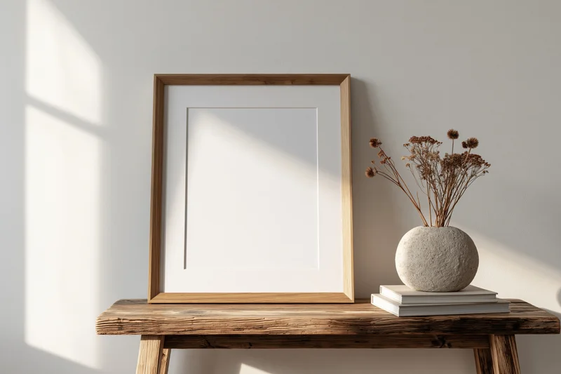 Blank wooden picture frame leaning on rustic wooden shelf beside vase with dried flowers and books, white wall background