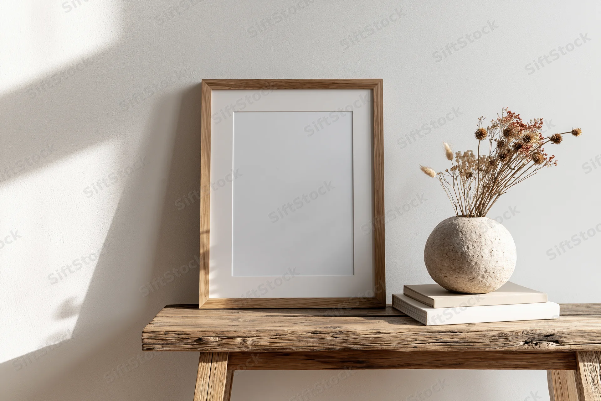 Wooden frame leaning against white wall on rustic table with dried flowers in vase and books
