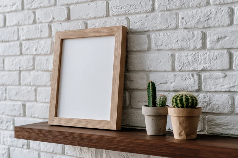 Wooden frame leaning on shelf beside potted cacti against white brick wall