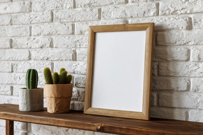 Wooden picture frame leaning on a shelf beside potted cacti against a white brick wall
