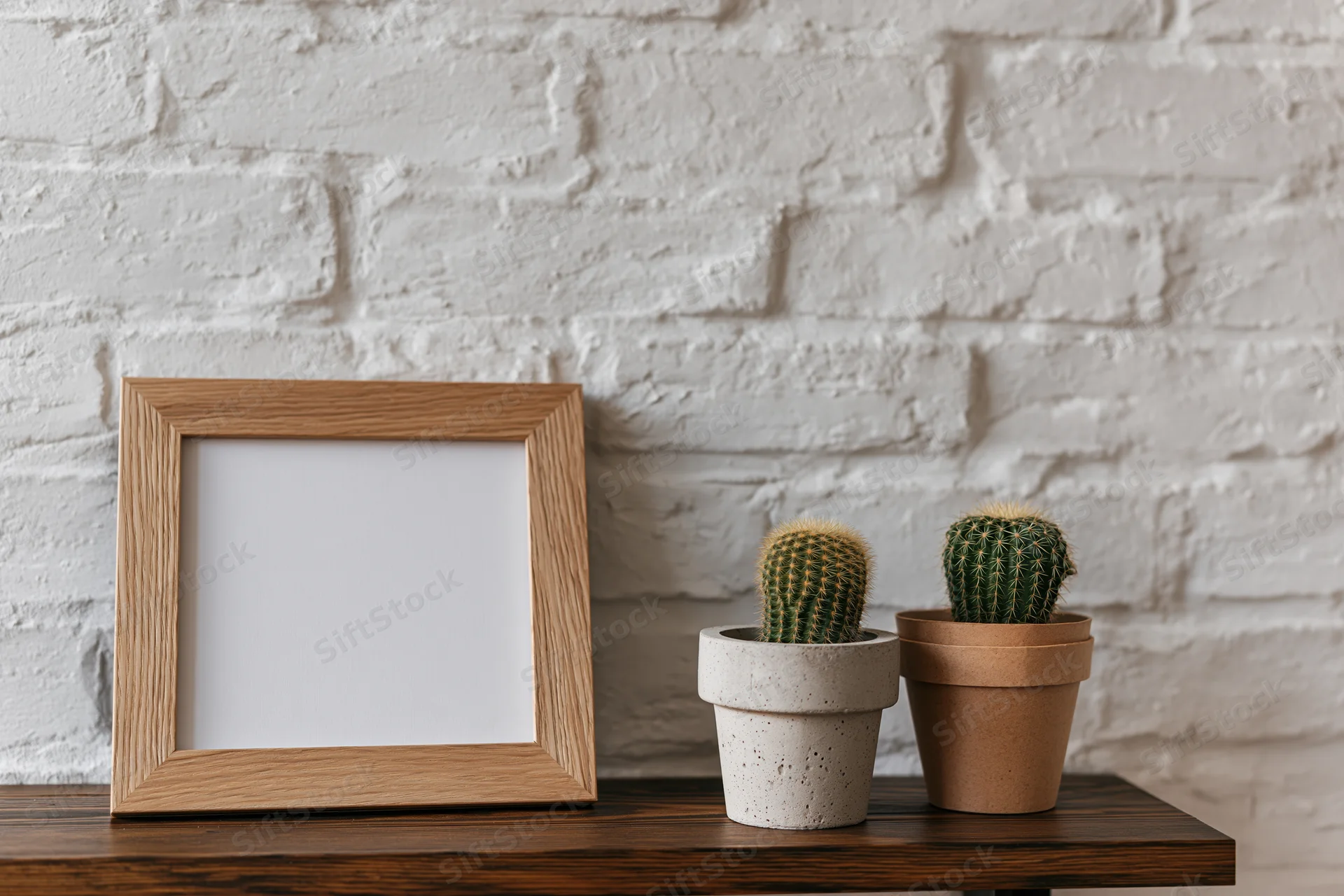 Wooden frame leaning on a shelf beside two potted cacti against a white brick wall