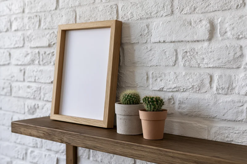 Wooden frame leaning on shelf beside two potted cacti against white brick wall