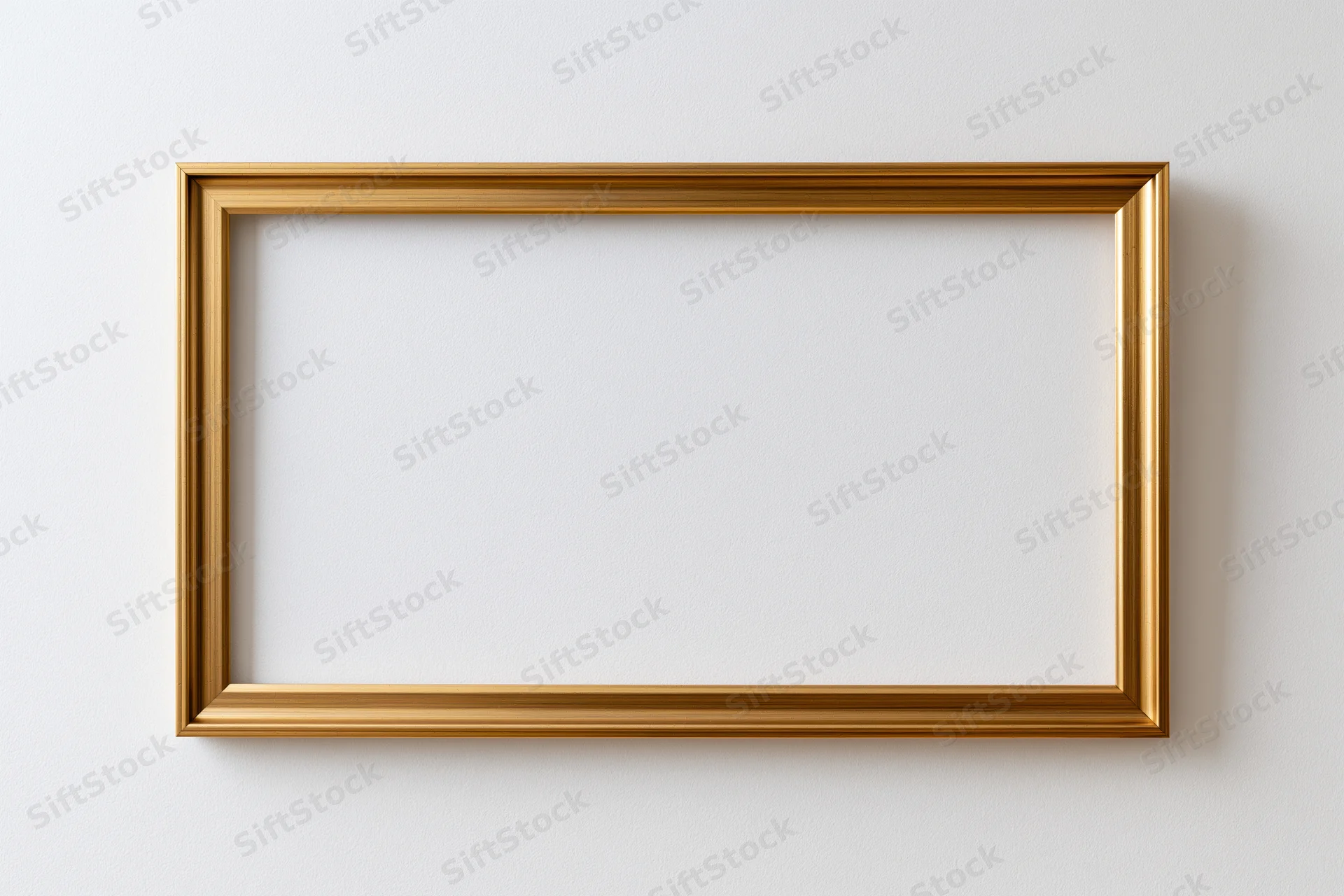 Gold rectangular picture frame hanging on white wall