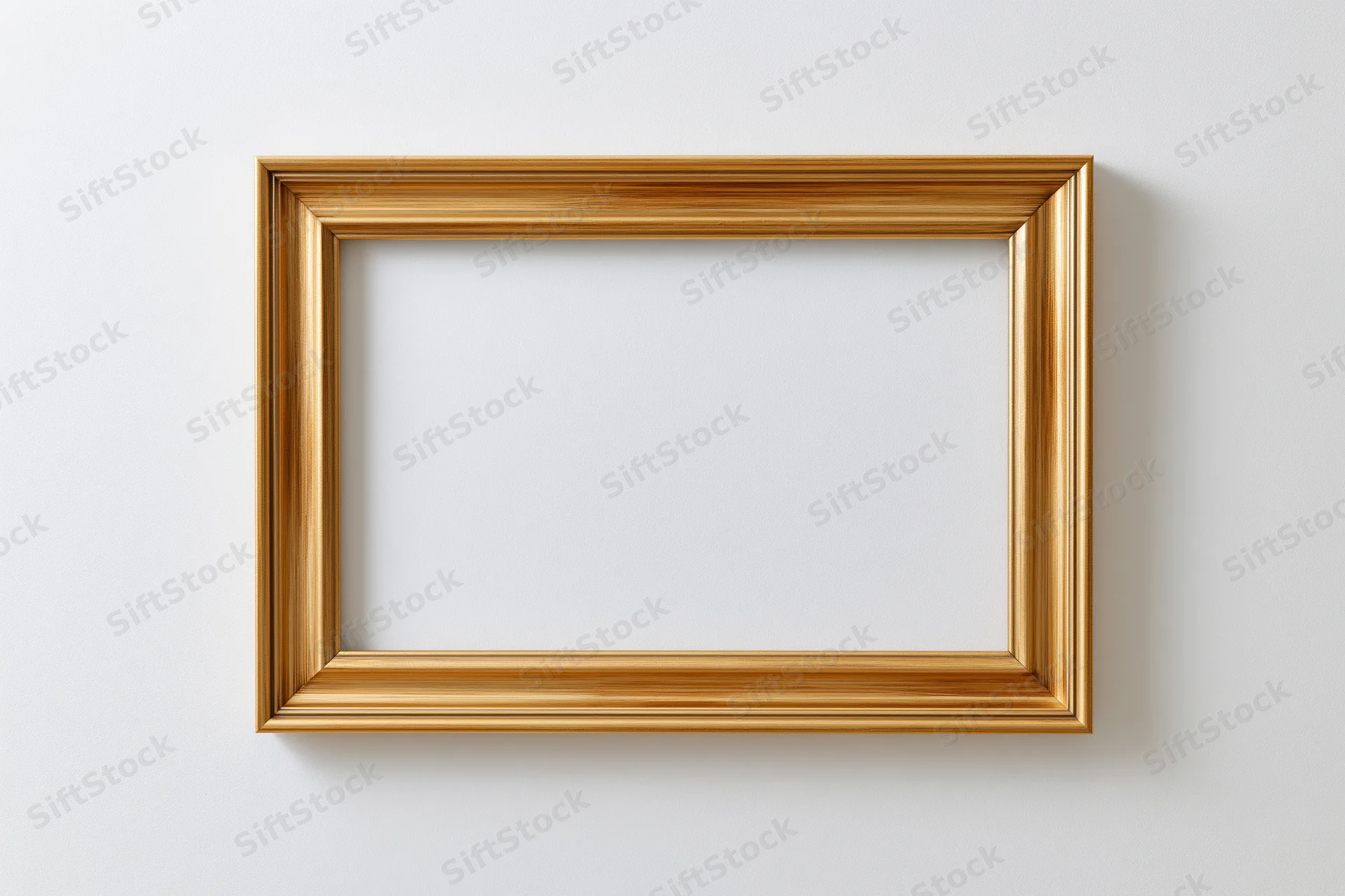 Gold rectangular picture frame hanging on white wall