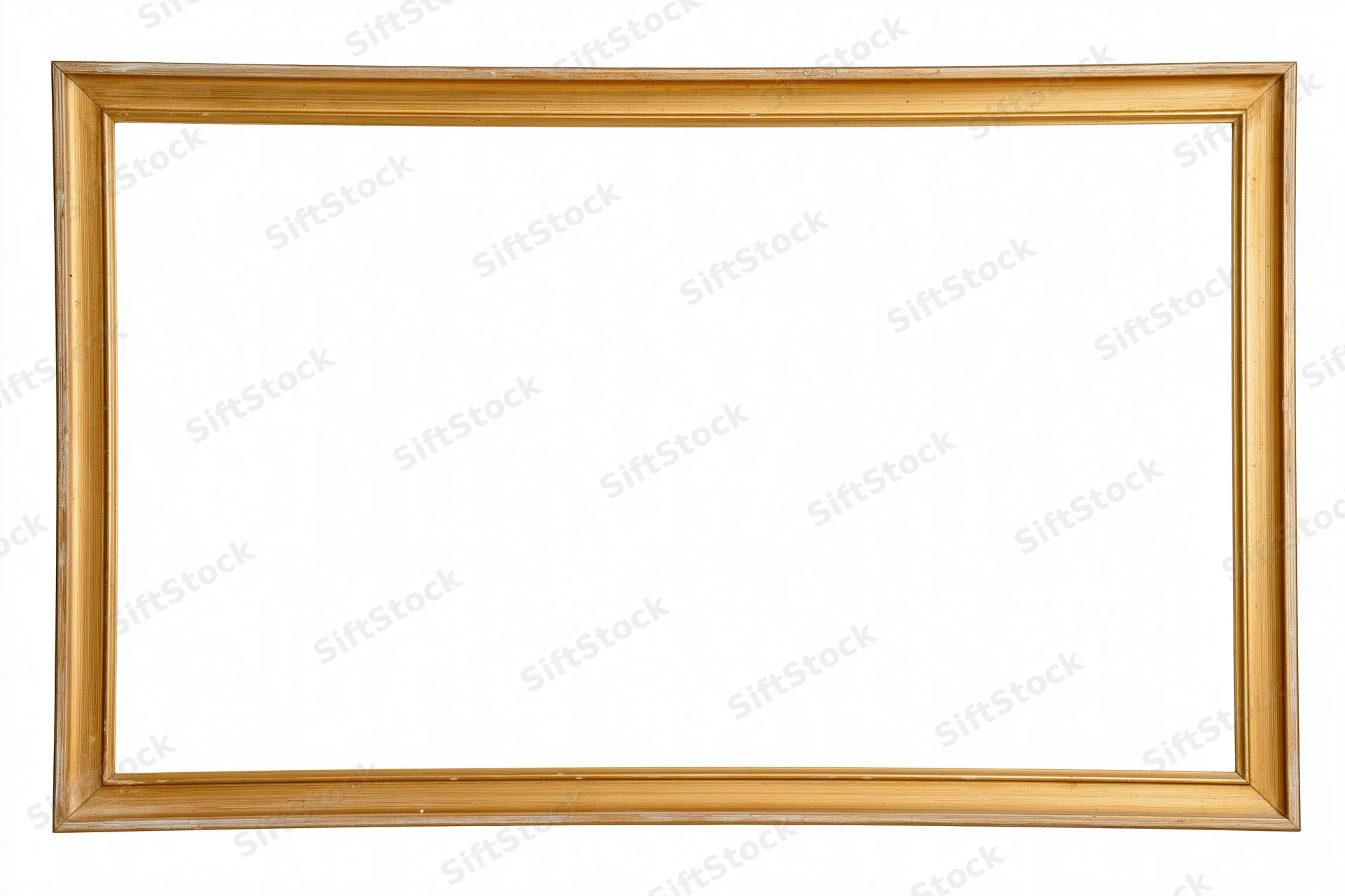 Thin rectangular gold picture frame isolated on white background with copyspace