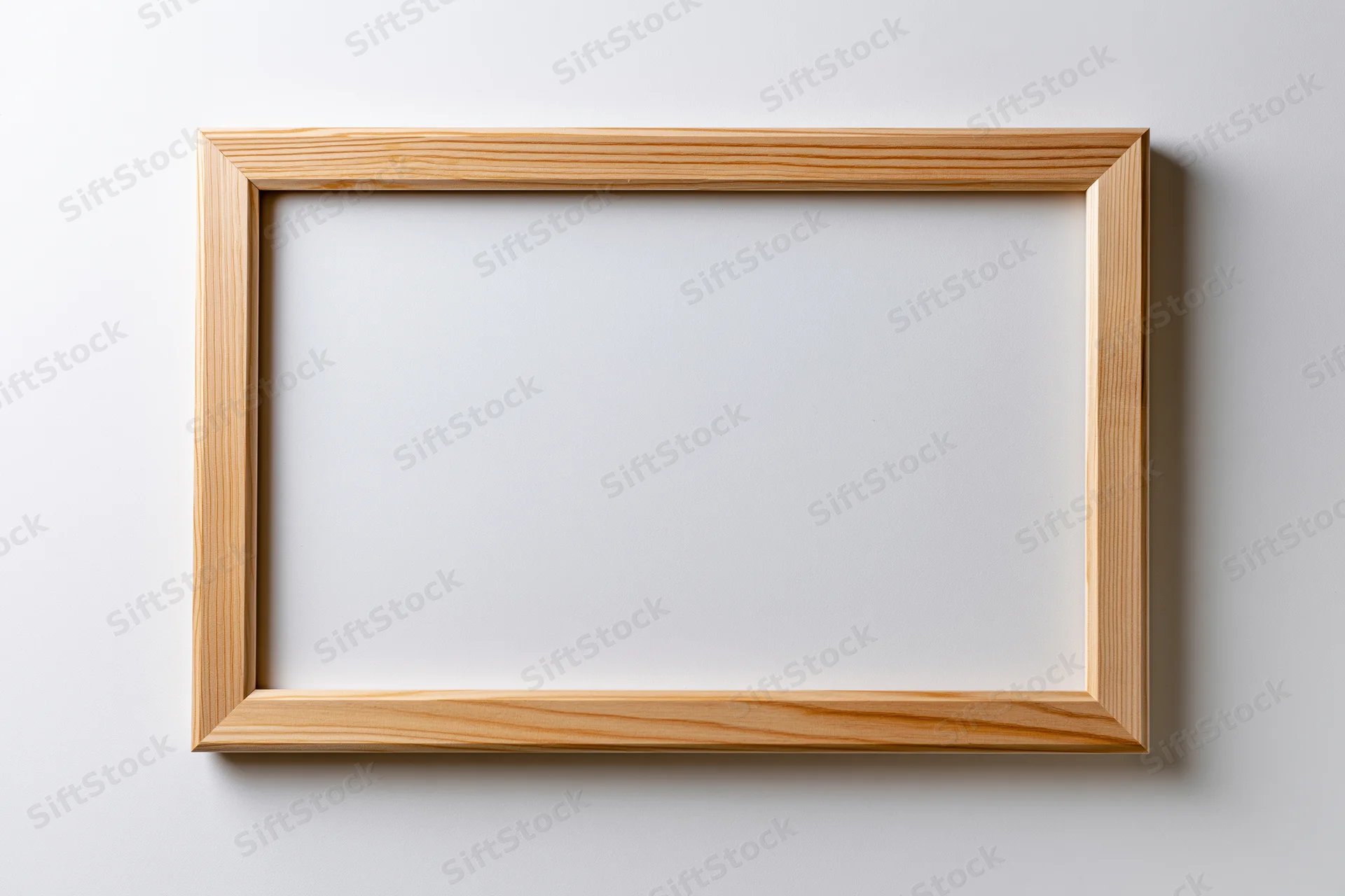 Wooden picture frame hanging on a white wall with empty interior