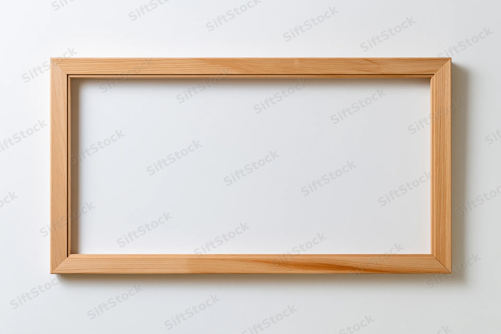 Wooden picture frame hanging on white wall with empty interior and clean minimalist design