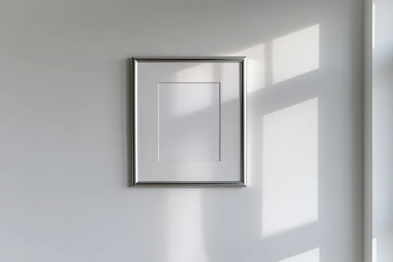 Silver metal picture frame hanging on a plain white wall with window light casting shadows
