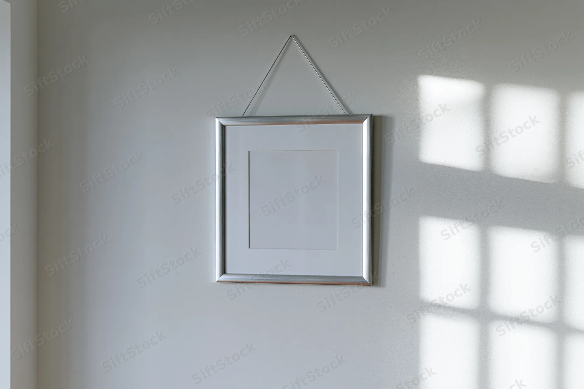 Silver metal picture frame hanging on a plain white wall with window shadow pattern