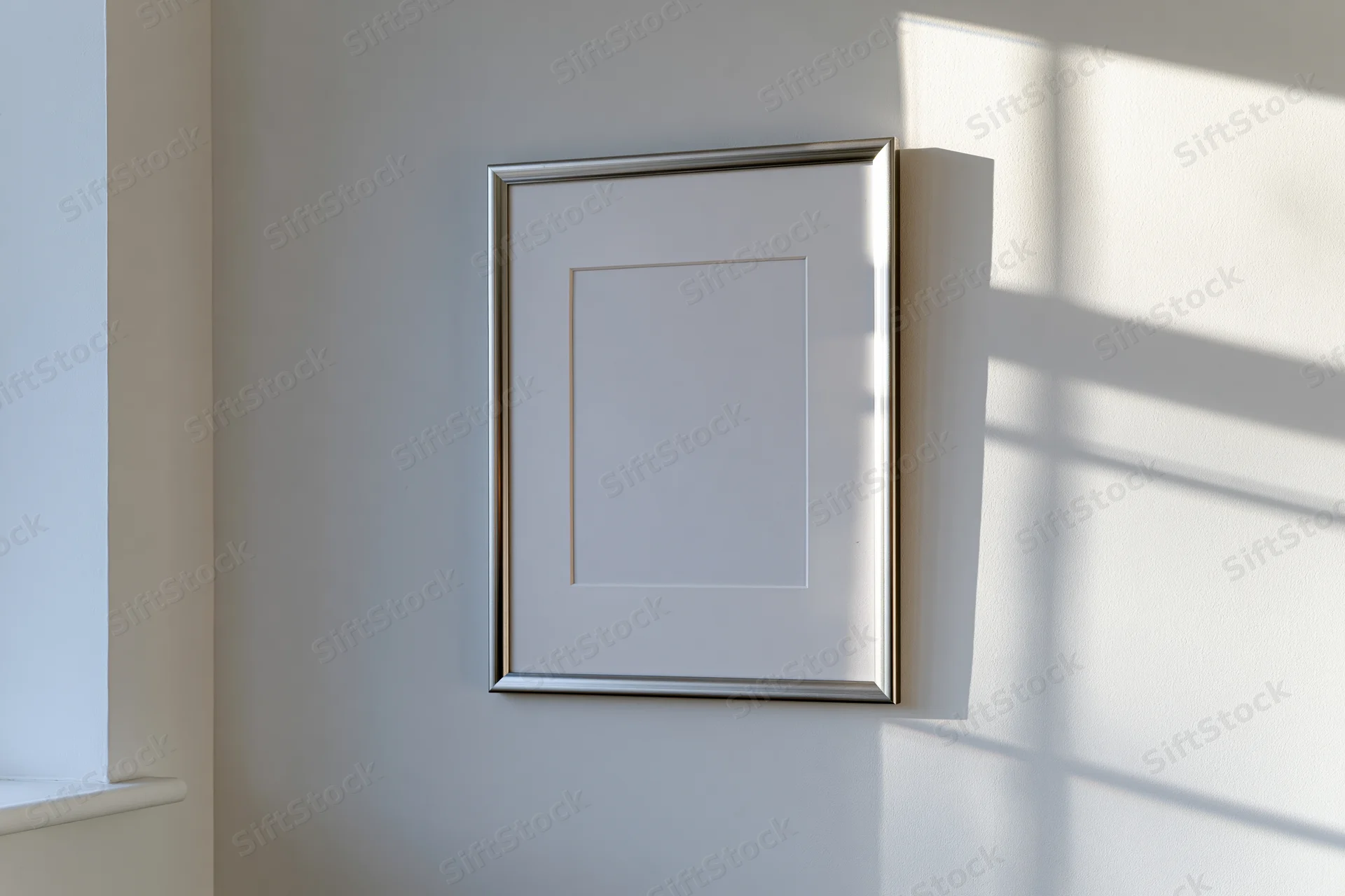 Silver metal picture frame hanging on a white wall with sunlight casting shadows