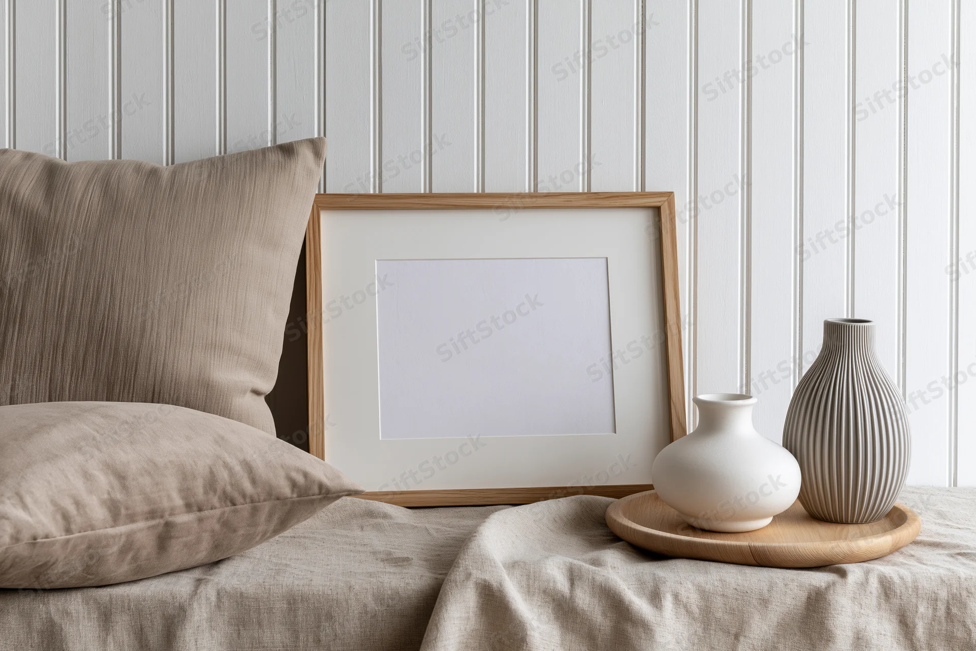 Wooden frame leaning against beadboard wall on bed with pillows and vases on tray