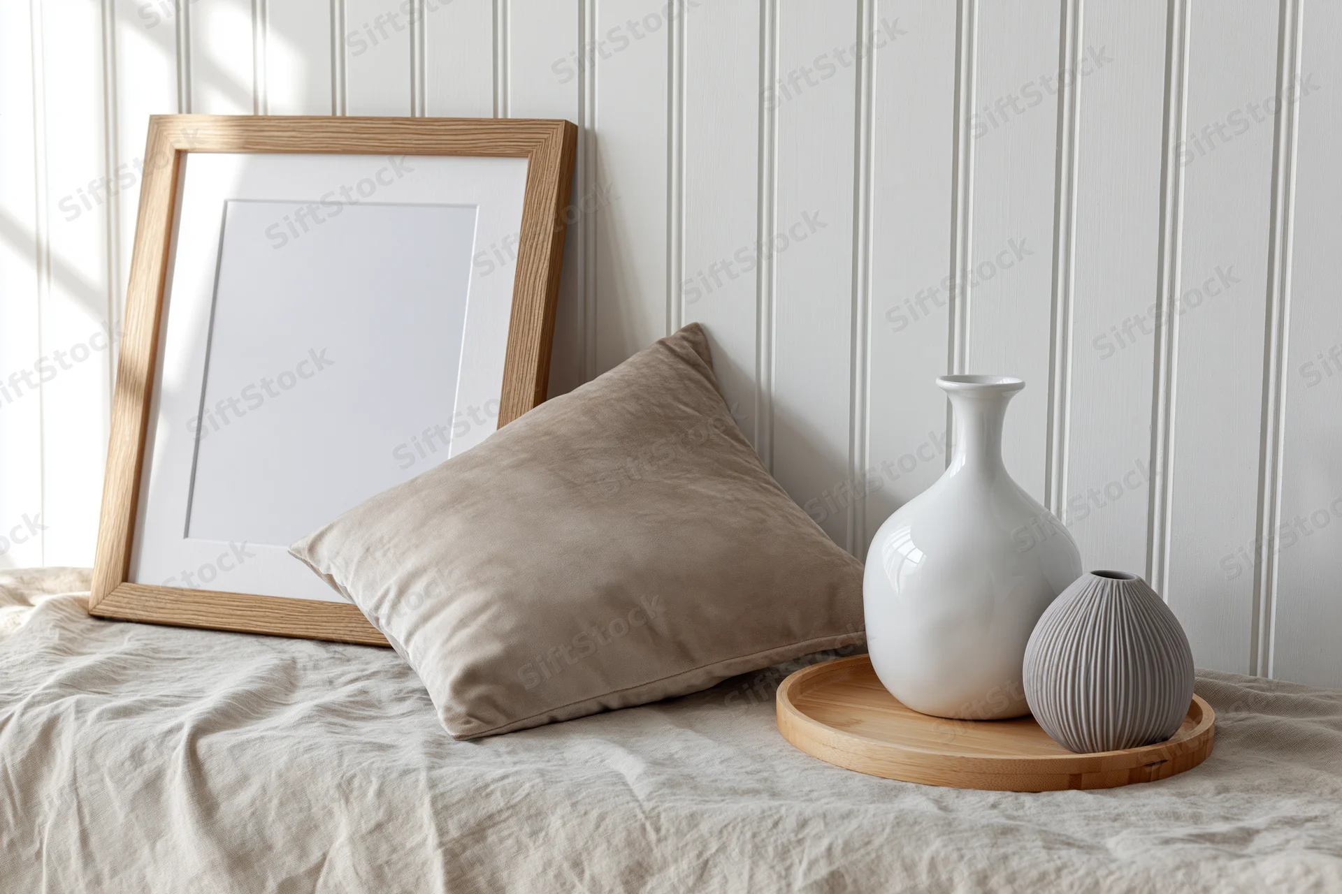 Wooden frame leaning against beadboard wall on bed with pillow and vases on tray