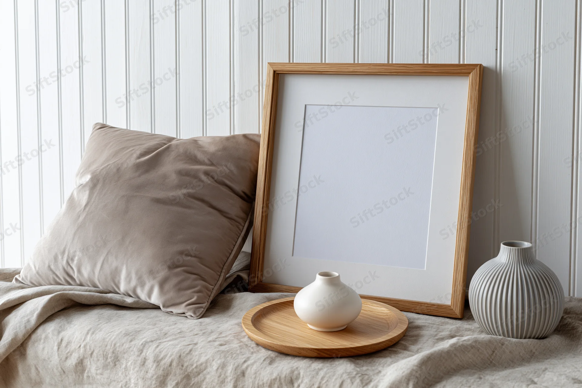 Wooden frame leaning against beadboard wall on bed with pillow, vase and tray