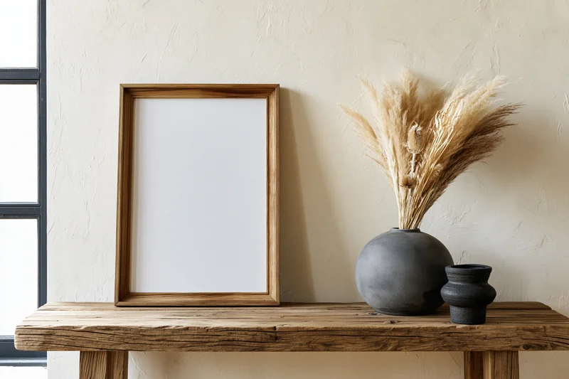 Wooden frame with blank white interior leaning on rustic console table beside ceramic vase with dried pampas grass