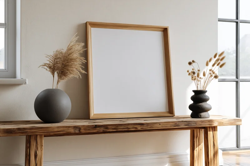 Wooden frame with blank white interior leaning on rustic table beside vases with dried grasses near window