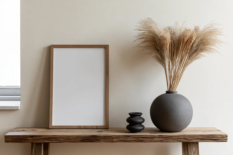 Wooden frame with blank white interior leaning on rustic console table beside ceramic vase holding dried pampas grass