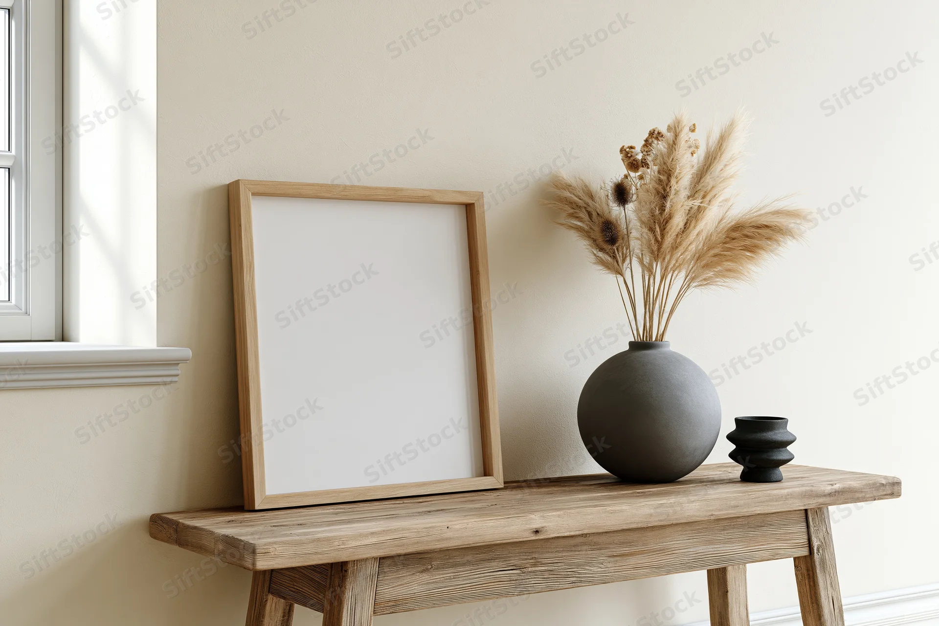 Wooden frame with blank white interior leaning on rustic console table beside vase of dried pampas grass near window