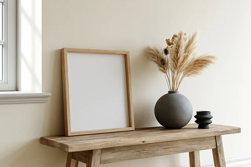 Wooden frame with blank white interior leaning on rustic console table beside vase of dried pampas grass near window