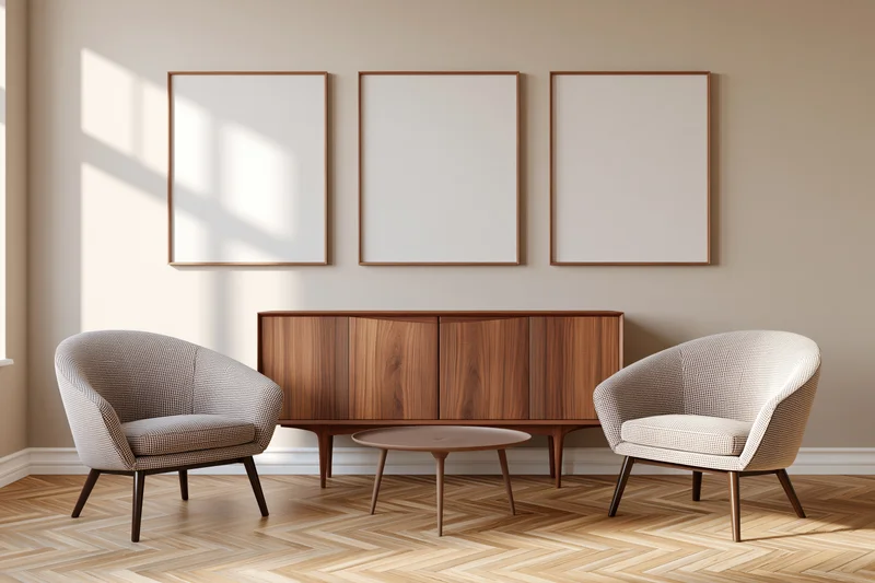 Two armchairs flanking a wooden cabinet with a coffee table in front, beneath three blank framed artworks on a beige wall in a modern living room