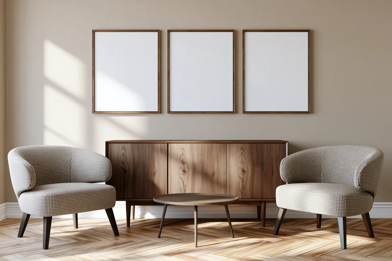 Three blank framed pictures above a wooden cabinet between two armchairs in a modern living room