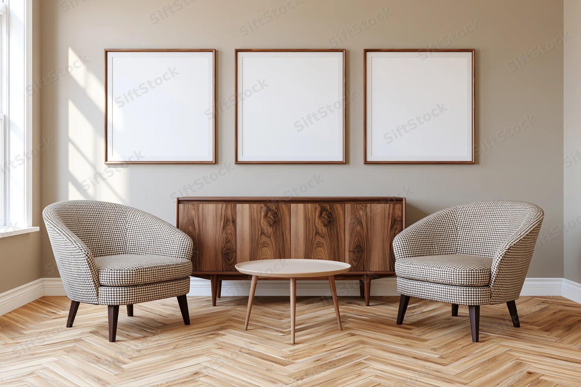 Three blank framed mockups on a wall above a wooden cabinet between two armchairs in a living room with herringbone flooring