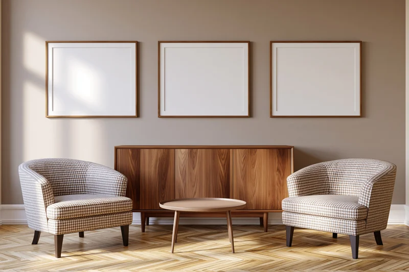 Two houndstooth armchairs flanking a wooden cabinet with a round coffee table beneath three blank framed pictures on a beige wall